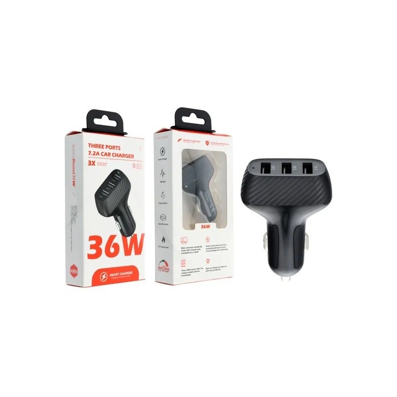 CARICABATTERIE DA AUTO TRIPLE USB 12W RICARICA VELOCE CARBON