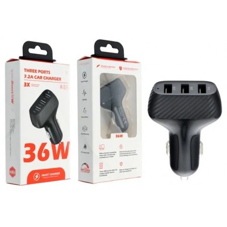 CARICABATTERIE DA AUTO TRIPLE USB 12W RICARICA VELOCE CARBON
