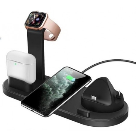 BASE DI RICARICA 6 IN 1 FAST CHARGER NERO WIRELESS - LIGHTINING - MICRO SUB - TYPE C
