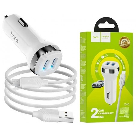 CARICABATTERIE DA AUTO 2X USB + CAVO MICRO USB RICARICA VELOCE BIANCO Z40