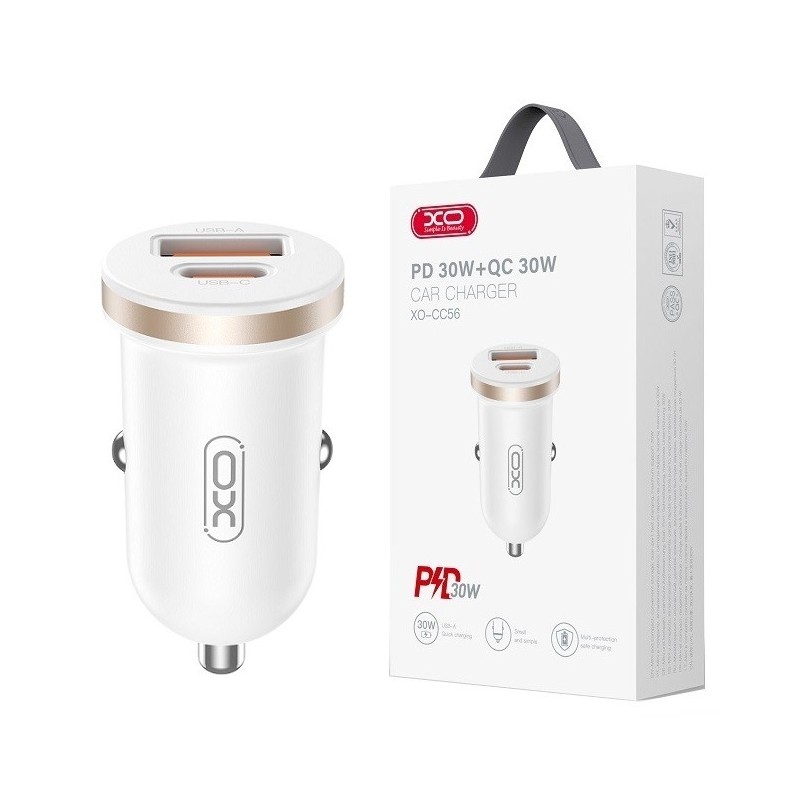 CARICABATTERIE DA AUTO TYPE-C + USB FAST CHARGER 30W BIANCO XO-CC56