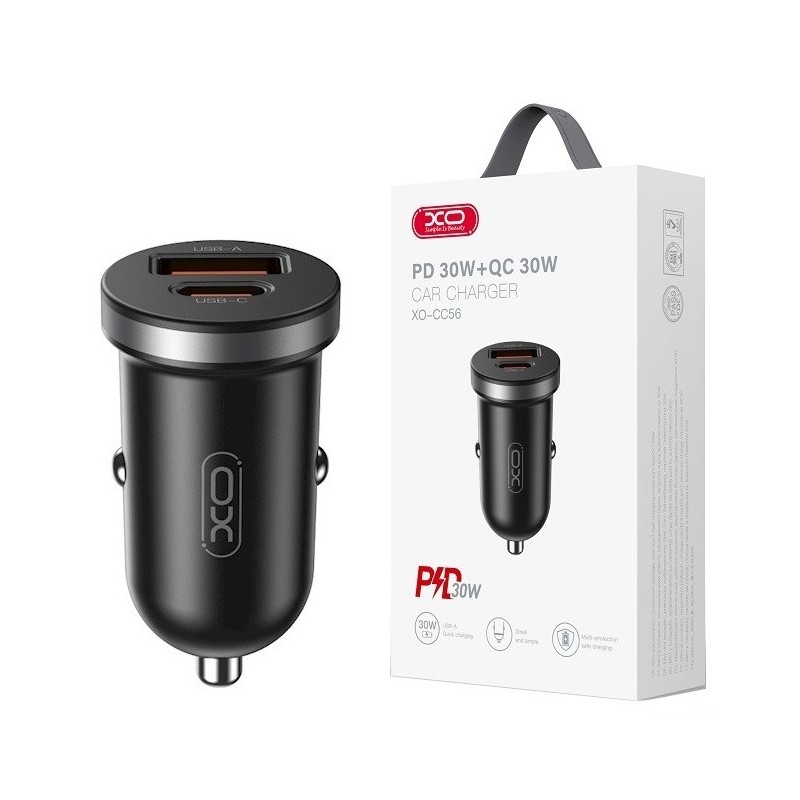 CARICABATTERIE DA AUTO TYPE-C + USB FAST CHARGER 30W NERO XO-CC56