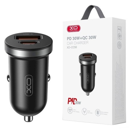 CARICABATTERIE DA AUTO TYPE-C + USB FAST CHARGER 30W NERO XO-CC56