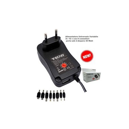 ALIMENTATORE UNIVERSALE 30W 3-12V 8 CONN. CON MINI E MICRO USB +1P USB